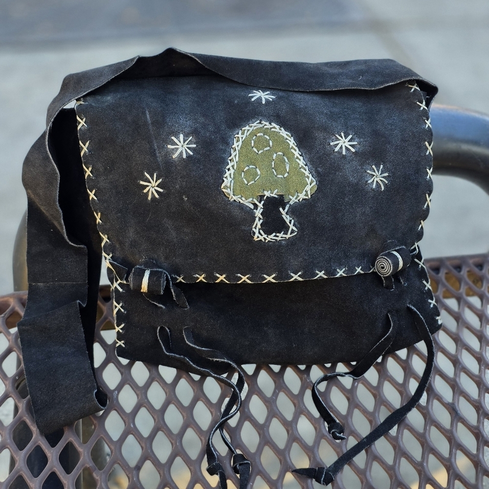 Handcrafted Brown Suede Bag with Mushroom and Stars Design